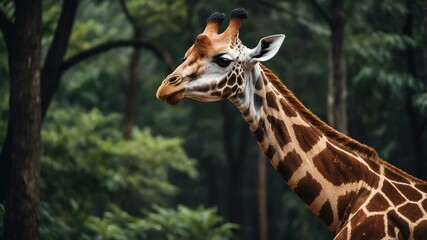 Wild animal giraffe in front of a forest background