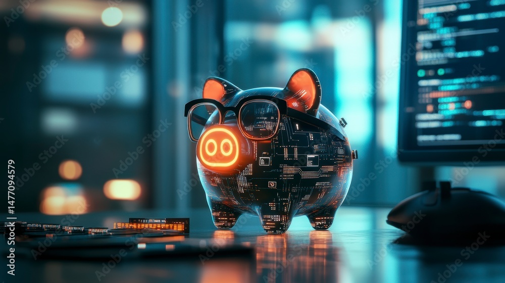 Aufkleber futuristic piggy bank with glasses on a desk near a computer, symbolizing digital finance and saving