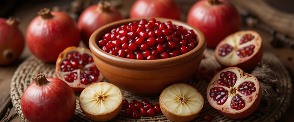Rustic scene with a clay bowl of pomegranate seeds, surrounded by whole and halved fruit on a round woven mat. Earthy tones, cozy atmosphere.