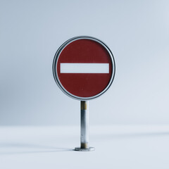 No Entry Sign: A close-up shot captures a meticulously crafted no entry sign against a minimalist backdrop, its circular shape and distinct red color, conveying a sense of authority and caution.