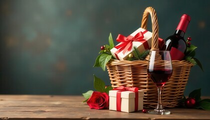 Rustic wicker basket overflowing with gifts beside wine bottle and glasses , close up, flatlay, anniversary