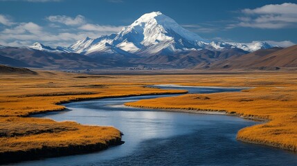Majestic Mountain Range and Serene River Landscape