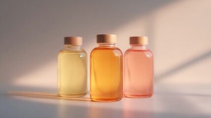 assortment of skincare oils in glass bottles placed on plain white surface