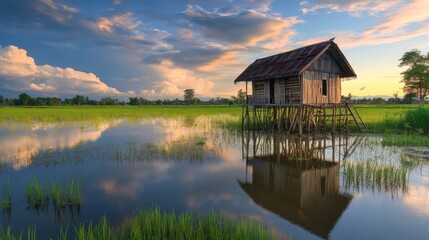 Fototapeta premium A rustic wooden cottage on stilts at the edge of a flooded rice field, with reflections in the water at dawn