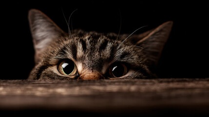 Tabby cat peeking over a table, displaying a curious gaze, showcasing domestic animal characteristics.
