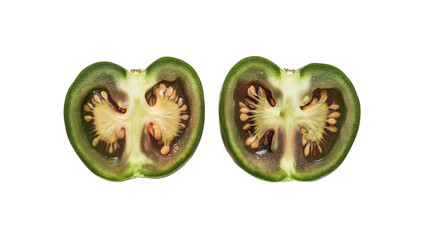 Two Halves of a Green Poblano Pepper, Seeds Visible, Isolated on Transparent Background