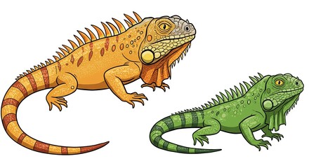 Two Iguanas Orange and Green Lizard Reptiles Illustration