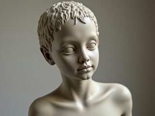 ceramic sculpture, mannequin. A young boy's head is shown in a white statue. The statue is of a child with short hair and a small nose. The statue is of a boy with a blank expression on his face