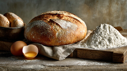 Rustic still life: loaf of bread, flour, eggs, and rolls.  Showcase of baking ingredients, symbolizing homemade goodness and culinary tradition