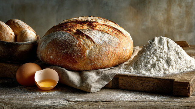 Rustic still life: loaf of bread, flour, eggs, and rolls.  Showcase of baking ingredients, symbolizing homemade goodness and culinary tradition