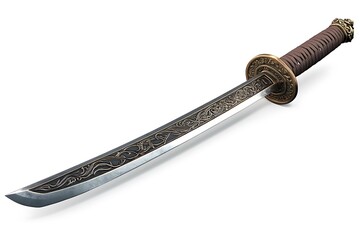 Ornate Wakizashi Sword with Intricate Filigree and Brown Hilt on a Clean White Background