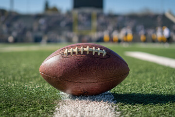 American football field with a brown leather ball near the sideline Players in yellow and blue uniforms are visible in the background, suggesting an ongoing game under clear skies The - AI-Generated