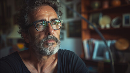 Fototapeta premium Thoughtful Middle-Aged Man with Glasses in a Cozy Home Interior