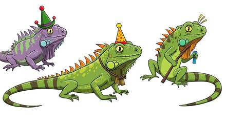 Fototapeta premium Funny Iguana Cartoon Characters in Party Hats
