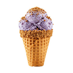 Delicious purple ice cream cone with crushed cookies on top, isolated
