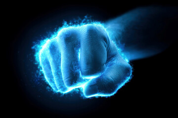 Close-up image of a hand in motion with blue energy emanating from the knuckles, dynamic and forceful, possibly digitally manipulated or from a sci-fi fantasy context Dark background e - AI-Generated