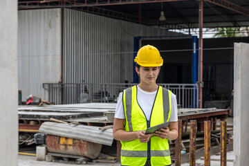 Female civil engineer using a tablet or digital device to monitor the production of precast or cement floor in a factory. Application of technology for female manager