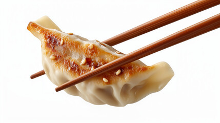 Close-Up of Gyoza Dumpling Held by Chopsticks with Sesame Seeds