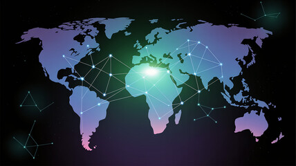 Technology background with connected dots on a 3D world map representing virtual reality cyberspace 