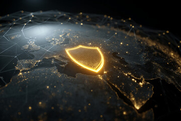 Glowing shield icon on a dark, illuminated world map, symbolizing global security and protection, ideal for tech or cybersecurity concepts