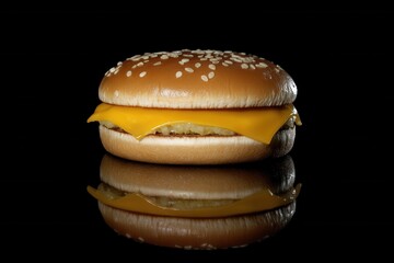 Cheeseburger Close-Up on Black Reflective Surface Studio Shot Food Photography Delicious Meal Fast Food