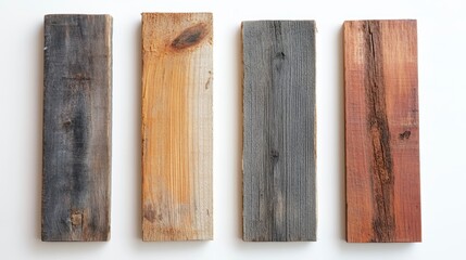 Four reclaimed wood planks in varying shades of grey, brown, and black, arranged on a white background.