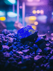 Luminous Blue Crystal Amidst Dark Rocks A Captivating Gemstone Display