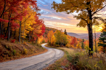 Fototapeta premium Scenic autumn road winding through colorful forest trees at sunset with dramatic skies
