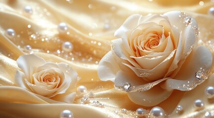 Delicate peach roses on a flowing golden fabric with pearls.