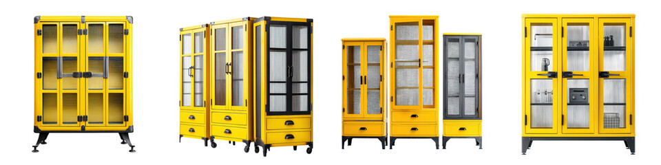 Sleek yellow display cabinets showcasing modern design with clear glass features, perfect for stylish interior decoration or retail to highlight products elegantly.