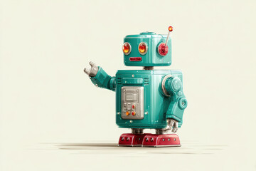 Fototapeta premium Charming toy robot with turquoise body, red accents, and friendly wave, evokes nostalgia and joy