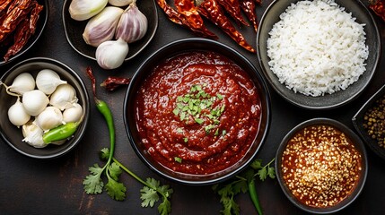 Korean hot chili pepper paste Gochujang served side dishes normal view of gochujang spicy fermented chili paste served with assorted banchan and rice