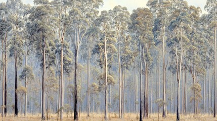 Serene Gum Tree Forest Panorama, Misty Atmosphere, Eye-Level View, Australian Bushland, Peaceful Scene, Natural Beauty