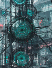 Obraz premium Cyberpunk Cityscape Futuristic Digital Art of Mechanical Structures and Glowing Circles