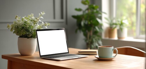 Obraz premium Modern Home Office Workspace with Laptop and Plants