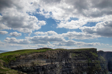 Fototapeta premium Life on the Cliffs of Moher, Ireland. Lush green grass and a calm day on the ocean. 