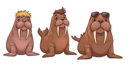 Fototapeta premium Three Walrus Cartoon Characters with Different Hairstyles