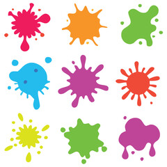 Nine Colorful Paint Splatter Designs on White Background