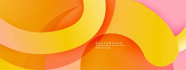 Abstract fluid shapes, vibrant orange, yellow, pink hues. Modern design, smooth gradients create dynamic composition.