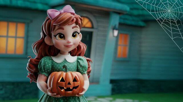 Cute 3d cartoon girl holding glowing halloween pumpkin. Woman celebrating halloween with traditional holiday decorations at home in spooky night. Festive spirit.