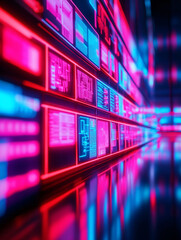 Neon Cyberpunk Cityscape Futuristic Digital Wall of Screens