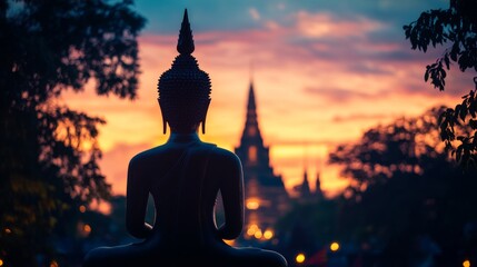Obraz premium A silhouette of a Buddha statue in front of a brightly lit temple at dusk, with soft light illuminating the structure
