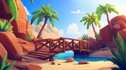 Naklejka premium Wooden bridge over tranquil stream in idyllic tropical landscape with palm trees and rocky shores.