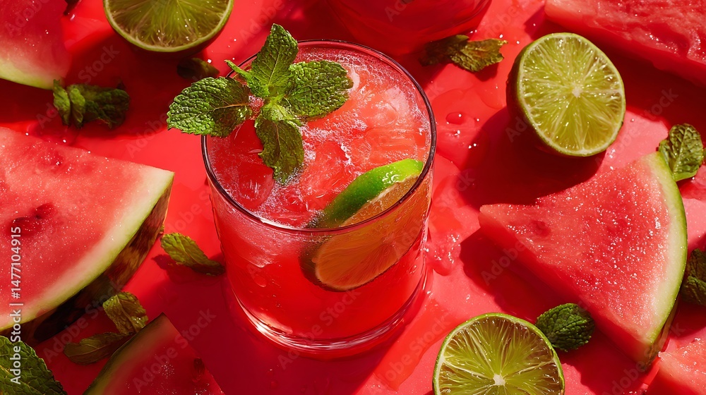 Poster Fresh watermelon lemonade garnished with lime and mint displayed on a vibrant backdrop with copy space image