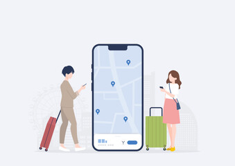 出張や旅行で地図を検索するアジア人の若い男女