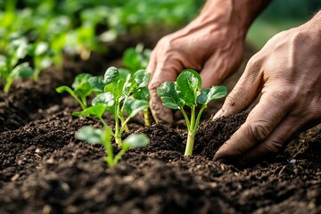 Planting New Spinach Seedlings with Hands in Rich Soil, Organic Gardening