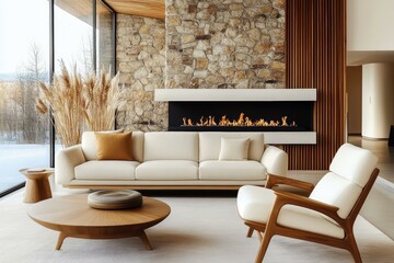 Modern Living Room with Stone Fireplace and Wooden Furniture