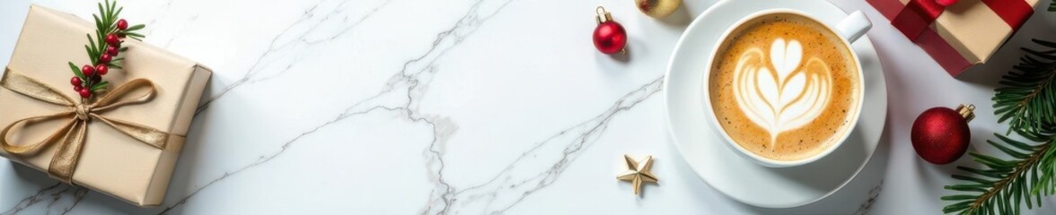 White marble table, latte, Christmas gift, ornaments Top view , image, coffee