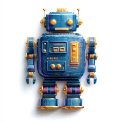Colorful toy robot with chunky features, metallic blue and gold accents, and retro design