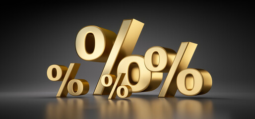 Group of golden percentage signs with dark glossy background and copy space - 3D illustration
